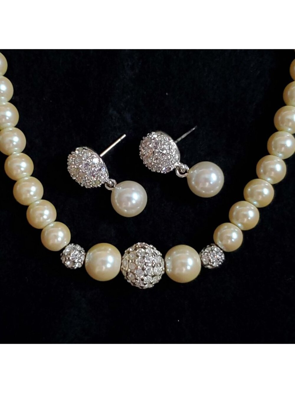 Vintage Carolee Necklace Earring Set Faux Pearl Rhinestone Silver Tone 15.5-17"